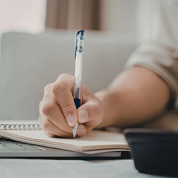 A person writing in a notebook with a pen near a laptop.