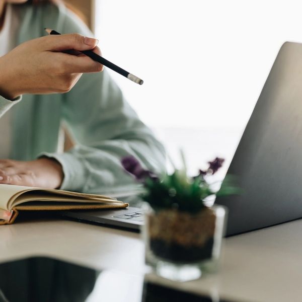Person pointing with a pencil near a notebook and laptop.