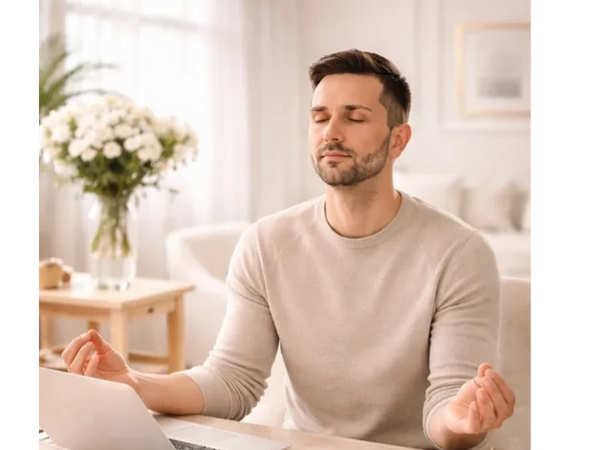 Man meditating at desk with legal items and laptop.
