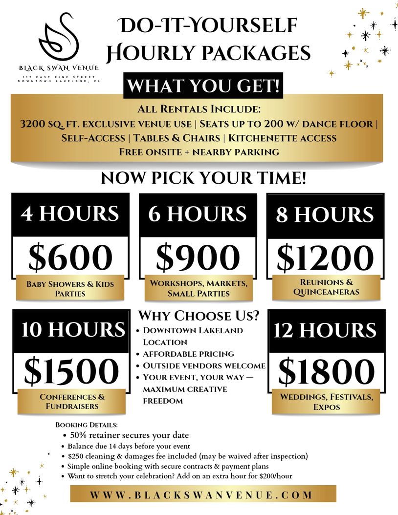 An advertisement for Black Swan Venue's Diy pricing 