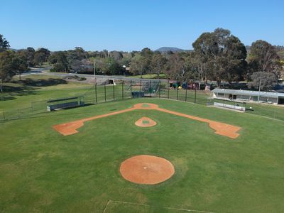 Empty baseball field under clear sky.