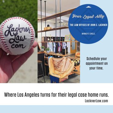 Advertisement for Lackner Law with baseball theme and store interior.