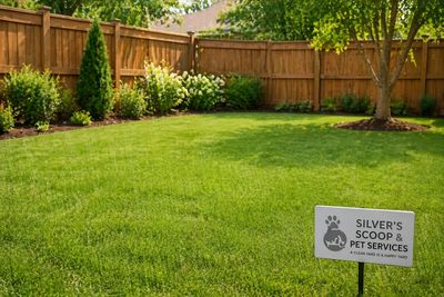 A well-maintained backyard lawn with a pet service sign.
