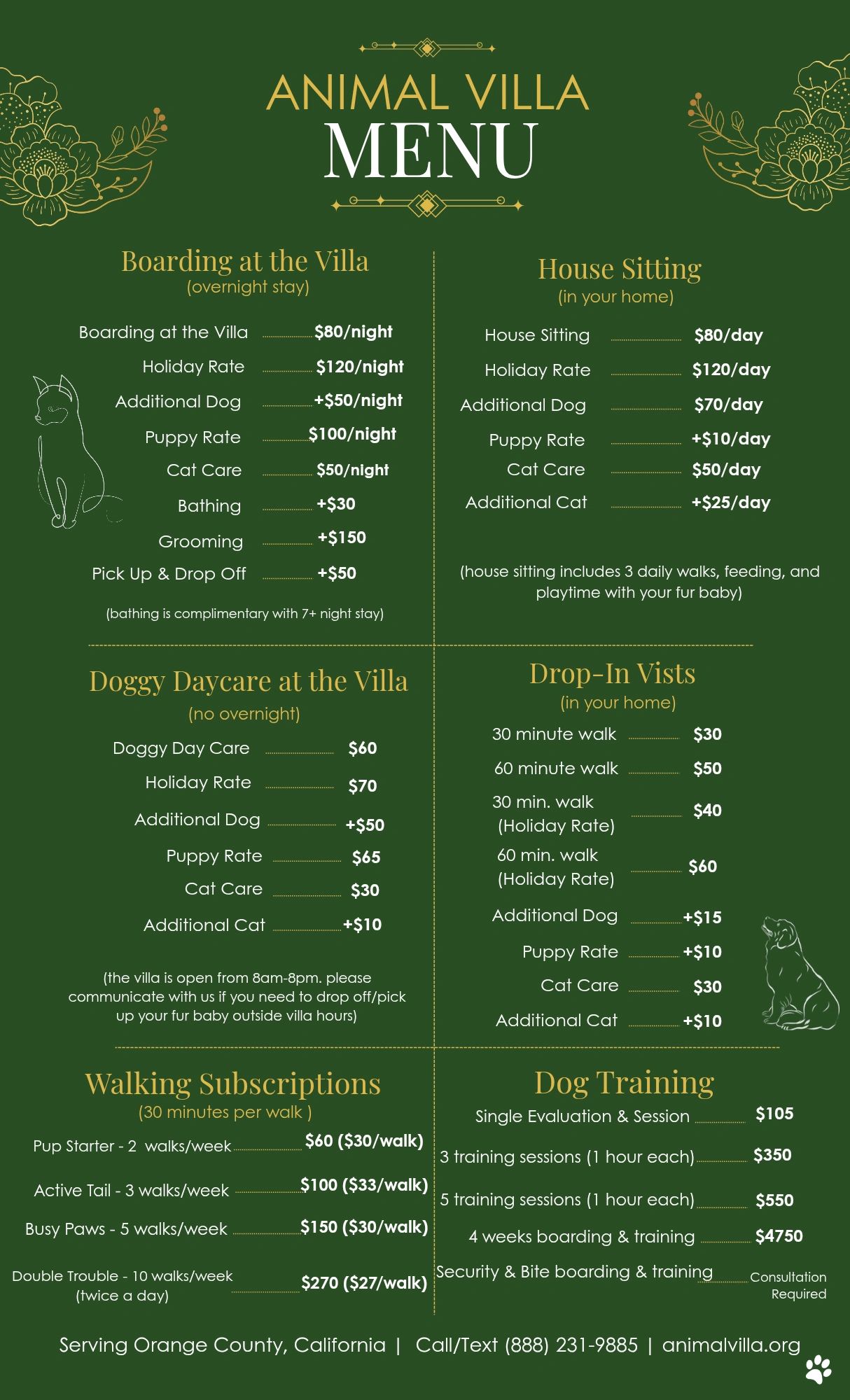 Animal Villa menu showing pet care services and prices for boarding, house sitting, daycare, walking, and training.