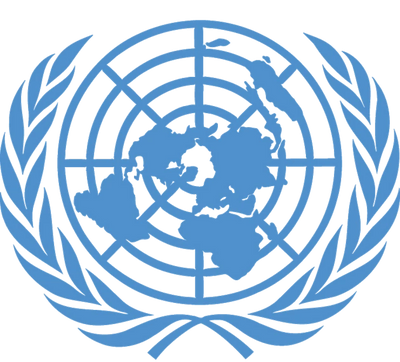 Blue United Nations emblem with world map and olive branches.