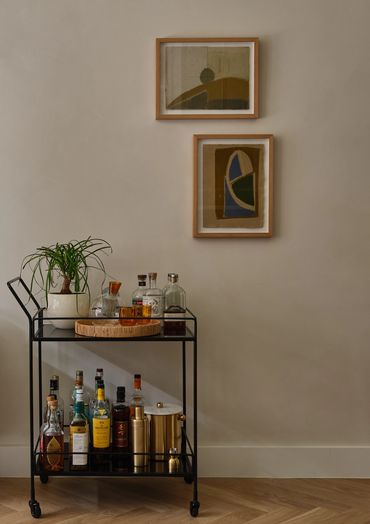 bar cart in a Brooklyn residence designed by Moksa Studio