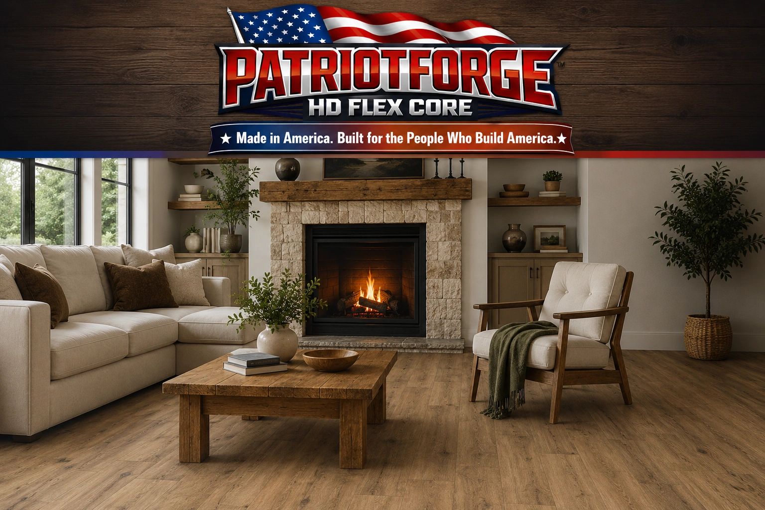 Cozy living room with a fireplace and wooden flooring by Patriot Forge.