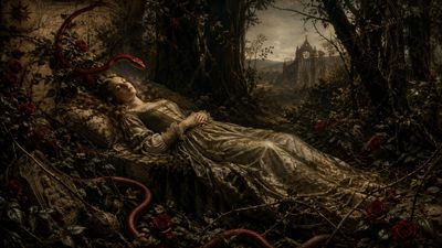 A woman in a vintage dress sleeps amidst dark, thorny vines and red roses.