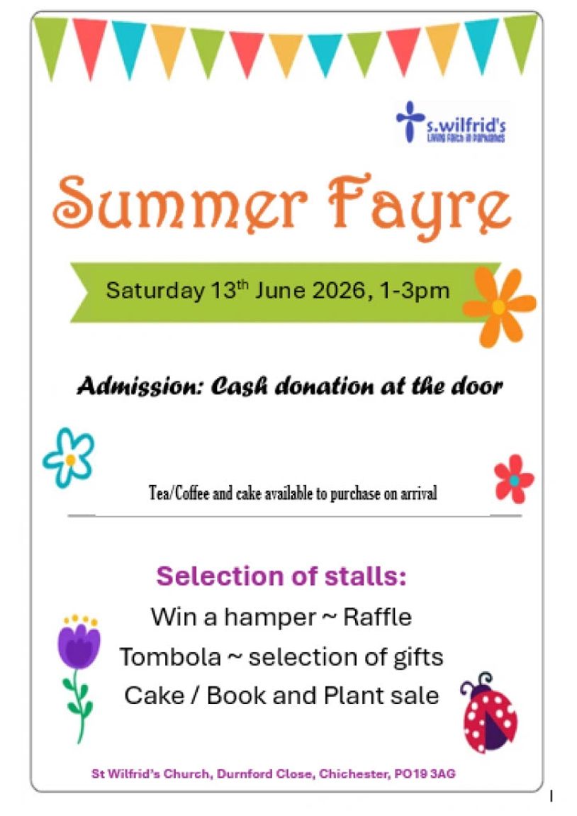 Summer Fayre event on June 13, 2026, with stalls, raffle, and refreshments at St Wilfrid's Church.