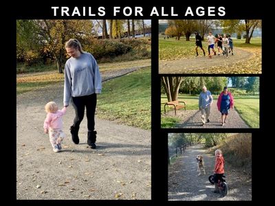 People of all ages enjoying various outdoor trails in a park.
