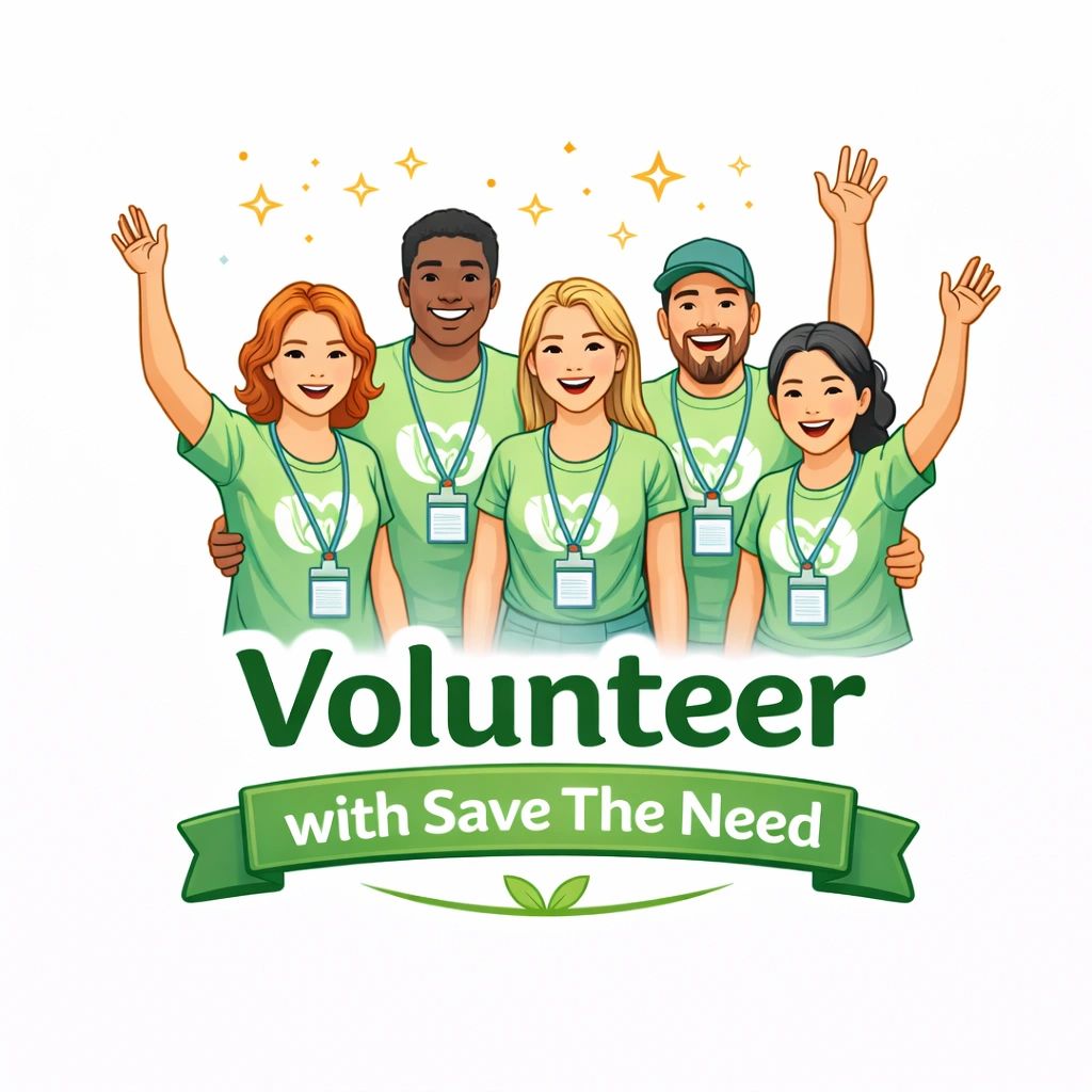 Diverse volunteers smiling and waving, promoting 'Save The Need' initiative.