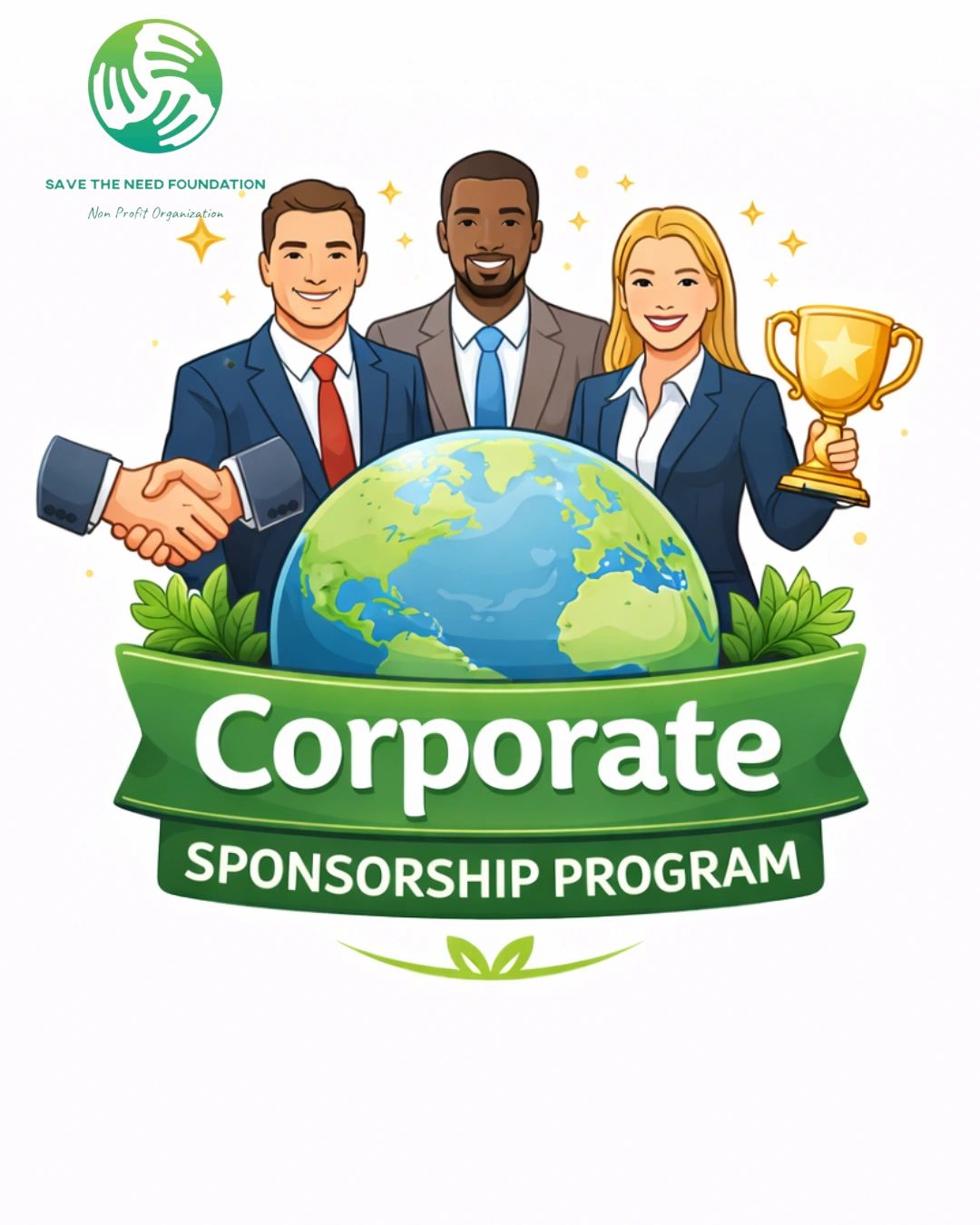 Three professionals celebrating a corporate sponsorship program with a globe and trophy.