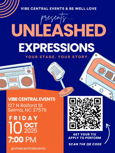 Event poster for Unleashed Expressions by Vibe Central Events on Oct 10, 2025, featuring retro music imagery.