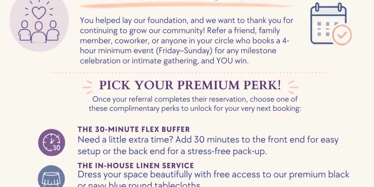 Referral program offering premium perks for milestone event bookings from Friday to Sunday.