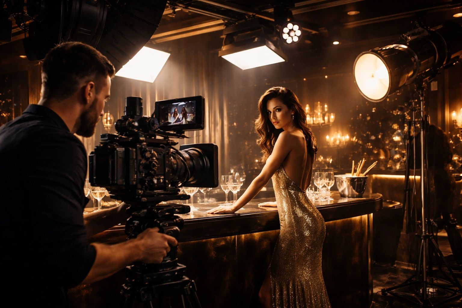 Glamorous woman in gold dress posing for a film shoot at a luxurious bar.