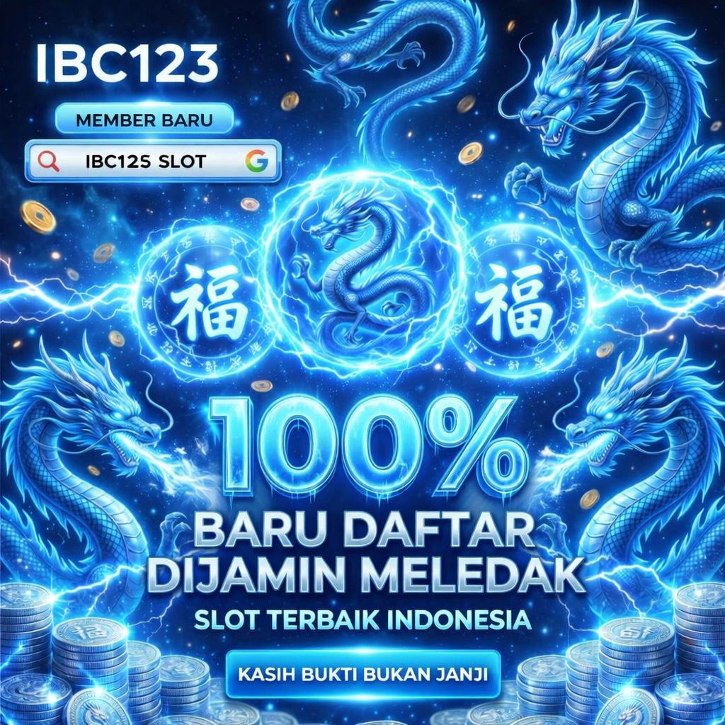 Promotional ad for IBC123 slot with blue dragons and 100% new member bonus.