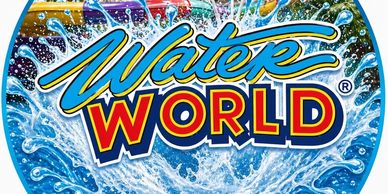 Colorful Water World logo with splashing water background.