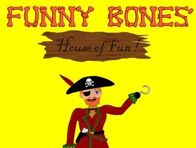 Cartoon pirate with hook hand under 'Funny Bones House of Fun' sign.