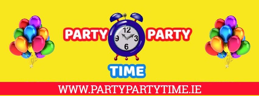 Bright party banner with balloons and clock saying 'Party Party Time'.