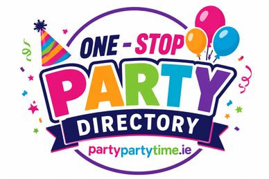 Colorful logo for One-Stop Party Directory with balloons and party hat.