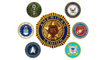Emblems of the American Legion and various U.S. military branches.