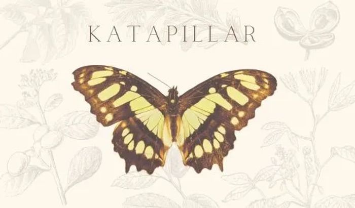 A yellow and brown butterfly with the word 'KATAPILLAR' above it on a floral background.