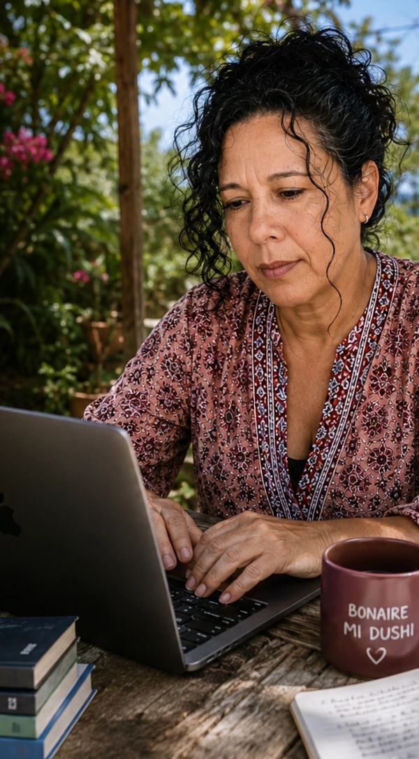Woman focused on laptop, working outdoors with books and a coffee mug nearby.