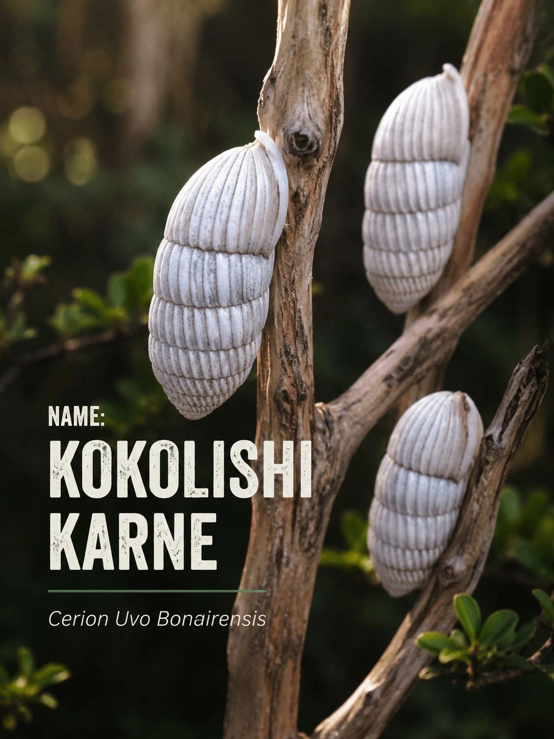 Kokolishi Karne shells attached to tree branches in nature.
