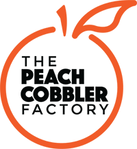 Logo of The Peach Cobbler Factory with a peach outline.