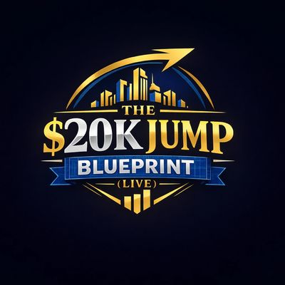 Logo for The $20K Jump Blueprint live event with upward arrow and cityscape.