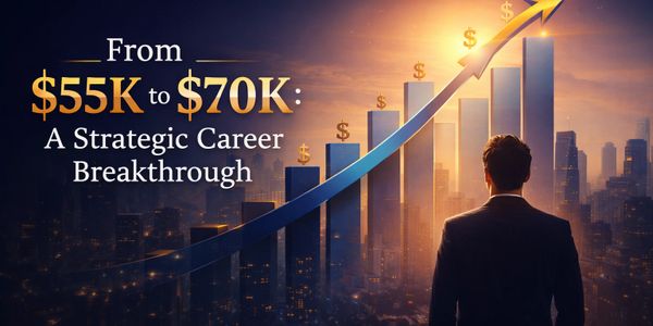 Man looks at rising bar graph showing salary growth from $55K to $70K.