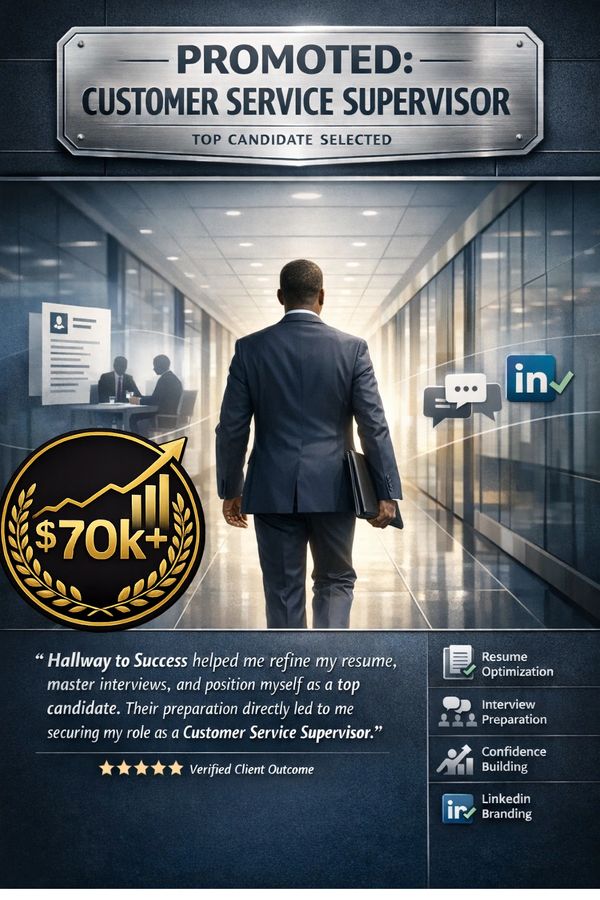 Professional promoted to Customer Service Supervisor earning $70k+, showcasing career success.