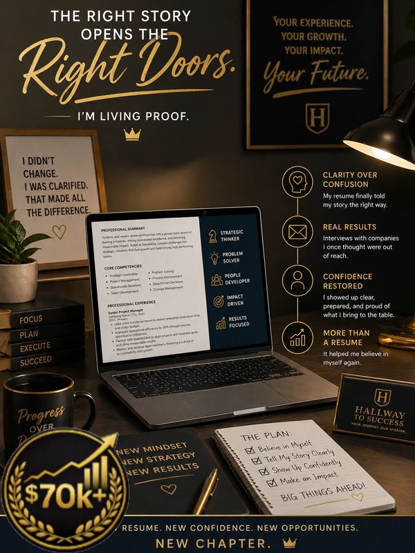 Inspirational workspace with motivational quotes, a laptop resume, and a $70k+ success badge.