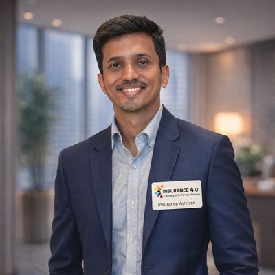 Confident insurance advisor smiling in a modern office setting.
