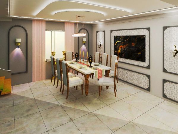 Elegant dining room with a long table and eight chairs.