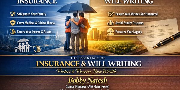 A family under an umbrella illustrating insurance and will writing benefits with key points and contact info.