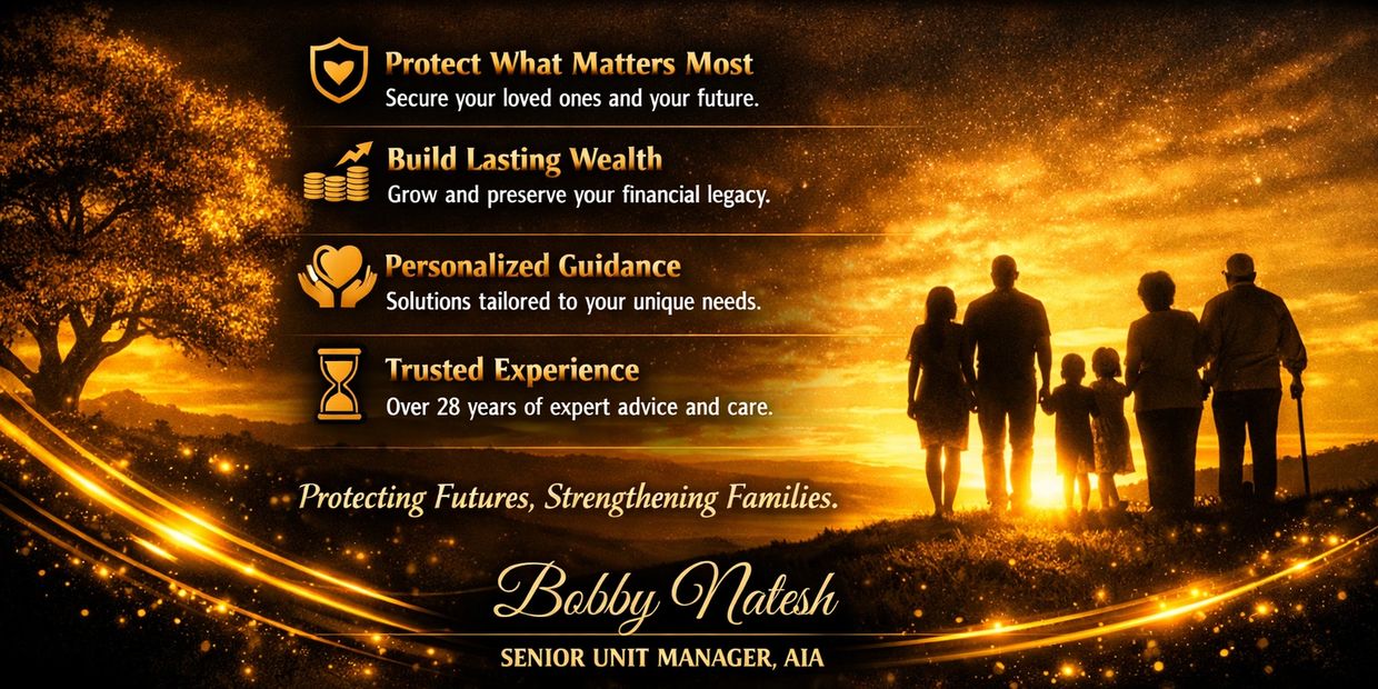 Golden sunset with family silhouette promoting financial security and guidance by Bobby Natesh.