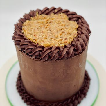 German chocolate cake, not your ordinary german chocolate cake. ganache covered german chocolate 