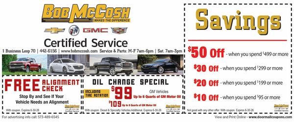 Car service coupon offers free alignment check and oil change specials at Bob McCosh.