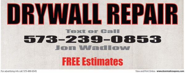 Drywall repair service with free estimates and contact details.