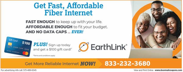 Advertisement for EarthLink's fast, affordable fiber internet with $100 gift card offer.