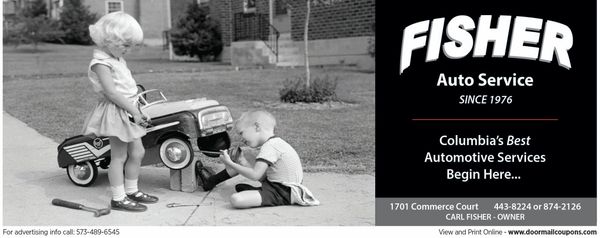 Vintage black-and-white ad featuring children with a toy car for Fisher Auto Service.