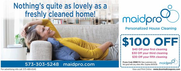 Happy woman relaxing on a couch after cleaning, MaidPro ad offers $100 off house cleaning.