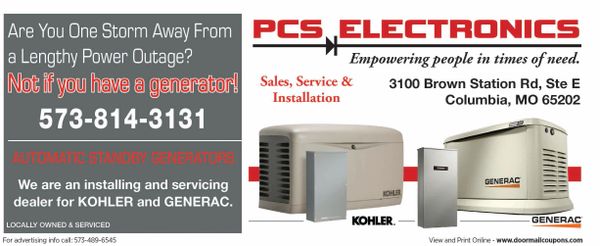Advertisement for PCS Electronics selling generators for power outages.