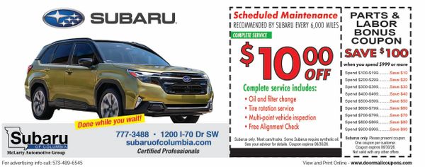 Subaru maintenance coupon offering $10 off and $100 bonus savings on services.