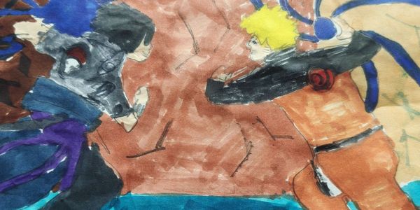Watercolor painting of two anime characters facing off mid-air in a dynamic battle pose.