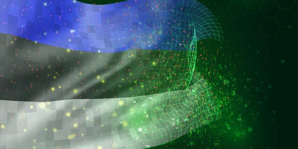 Digital Estonian flag with flowing pixel effects and green data streams.