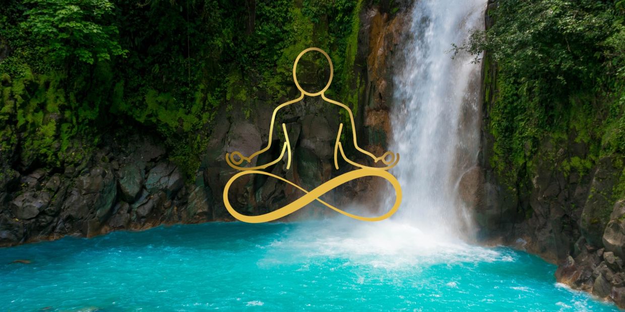 Meditative figure overlay on waterfall scene.