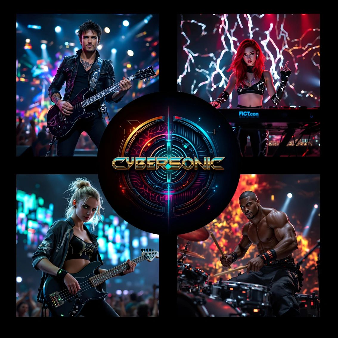 Futuristic band CyberSonic performing live with vibrant lights and energetic musicians.