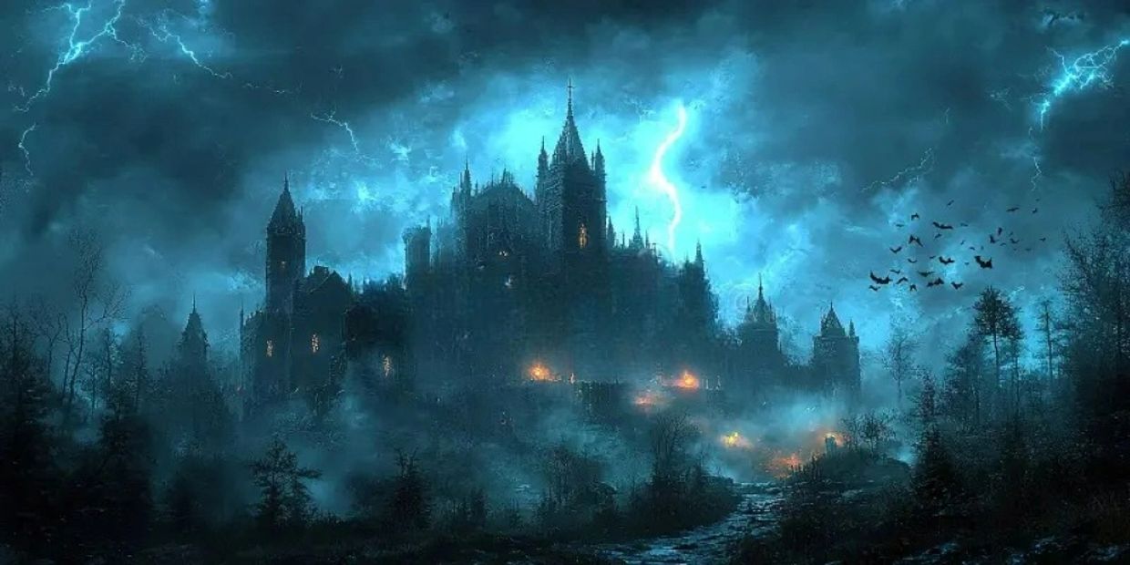 A dark, eerie castle illuminated by lightning in a stormy night.